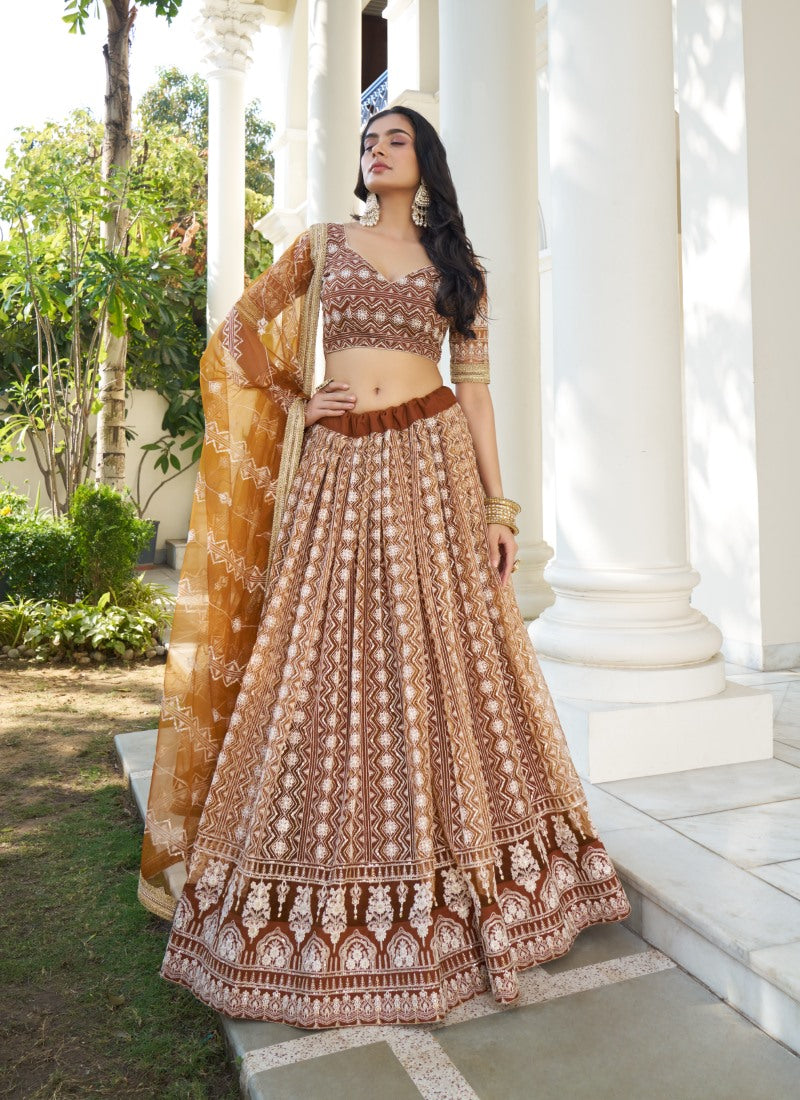Brown Butterfly Net Lehenga Choli With Embroidered, Sequins and Thread Work