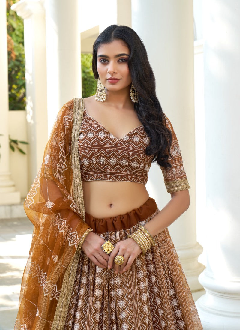 Brown Butterfly Net Lehenga Choli With Embroidered, Sequins and Thread Work