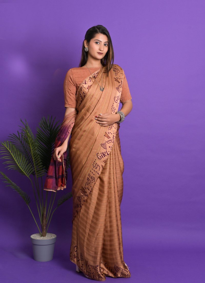 Brown Satin Party Wear Saree with Printed Border and Pallu with piping Stone