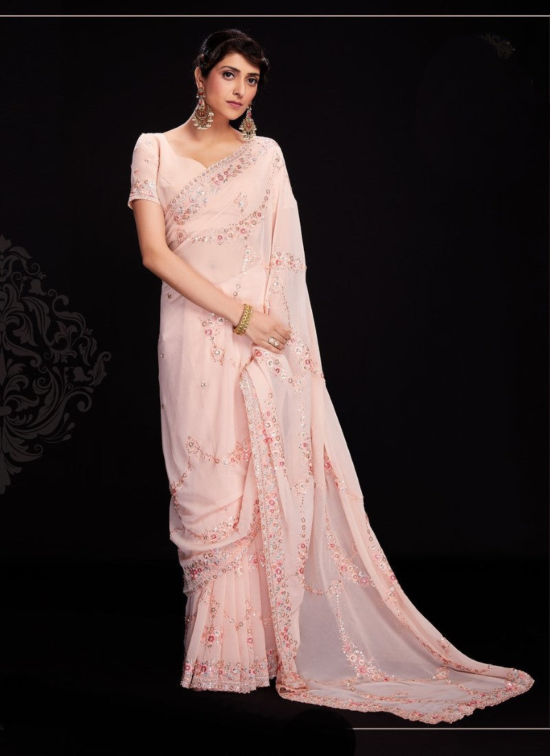 Peach Party Wear Lucknowi Saree with Sequine Work