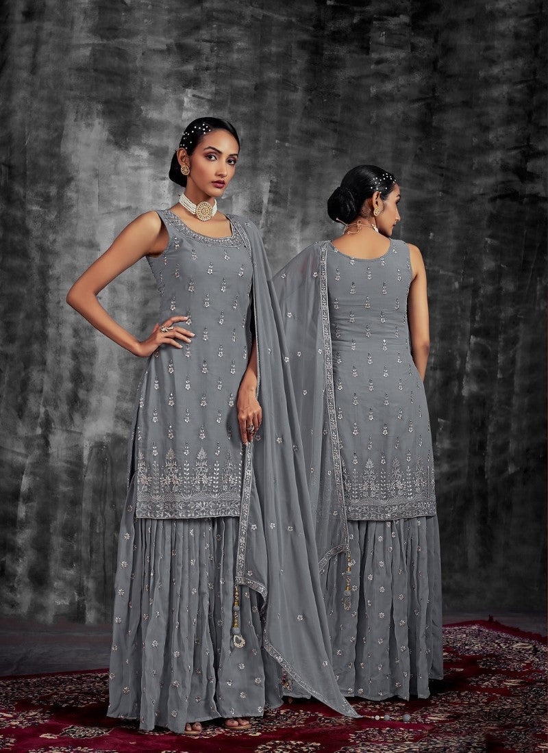 Gray Georgette Sharara Suit with Mirror, Zari and Thread Work