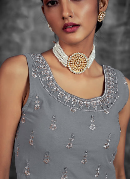 Gray Georgette Sharara Suit with Mirror, Zari and Thread Work