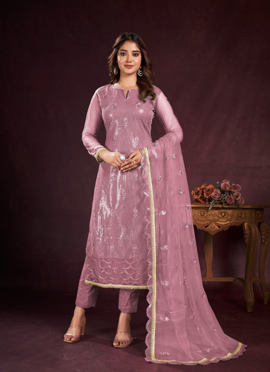 Pink Pant Style Salwar Suit with Thread and Sequins Work