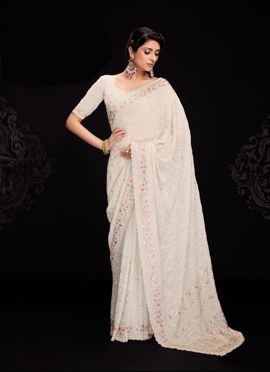 Off White  Party Wear Lucknowi Saree with Sequine Work