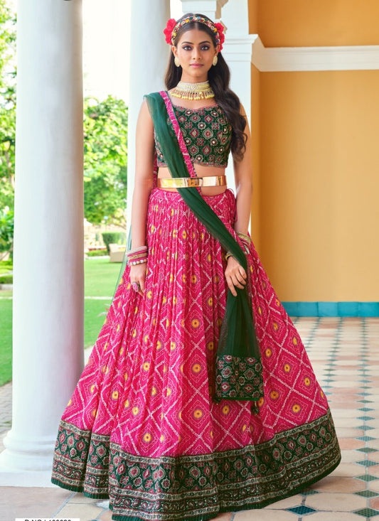 Green & Magenta Chinon Lehenga Choli with Embroidery and Sequins Work