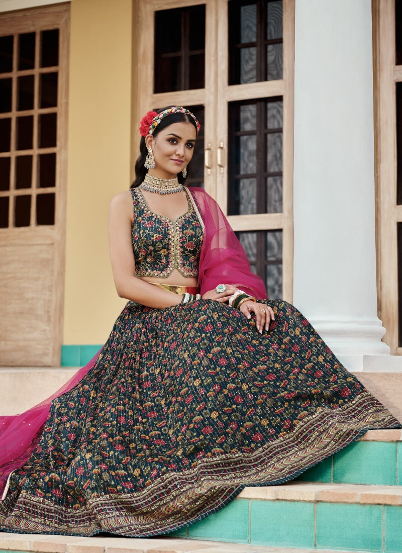 Green Chinon Lehenga Choli with Embroidery and Sequins Work-2