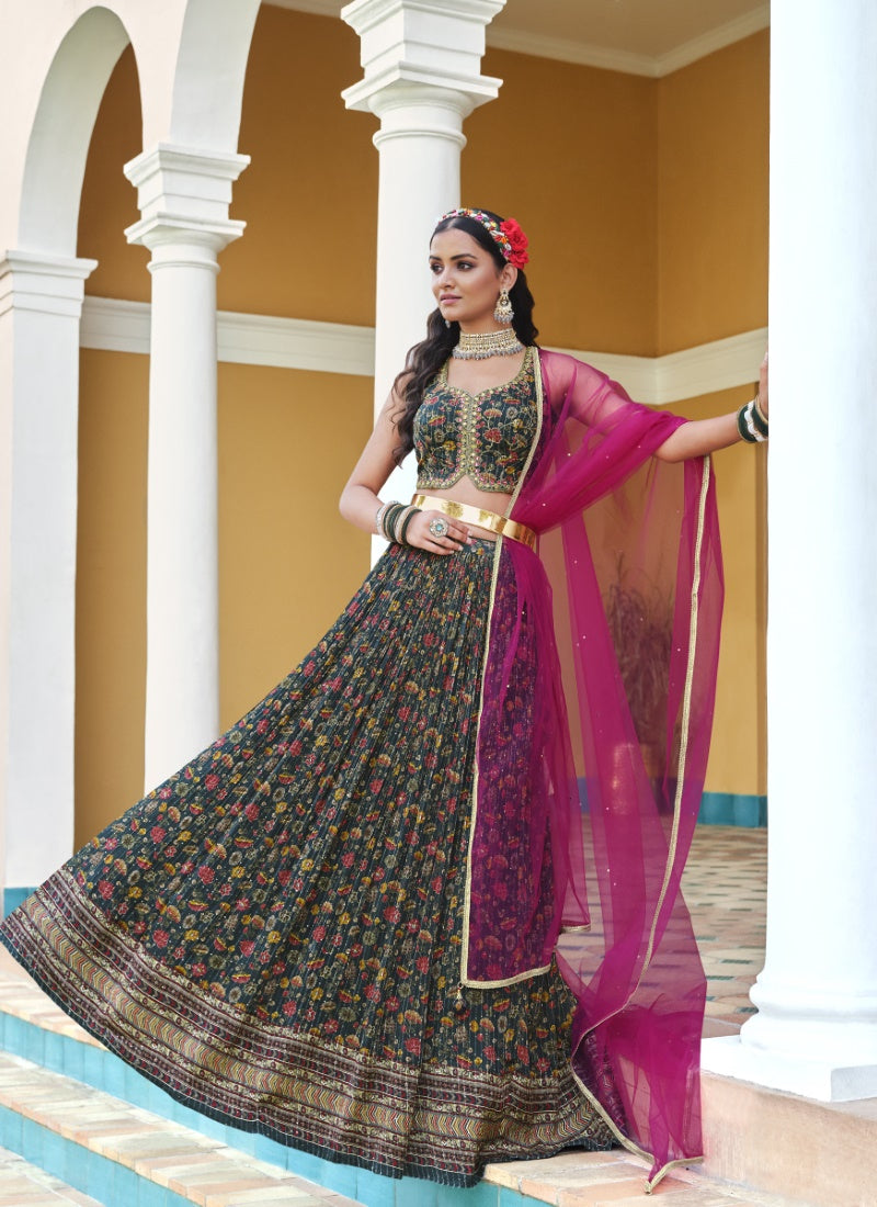 Green Chinon Lehenga Choli with Embroidery and Sequins Work-2