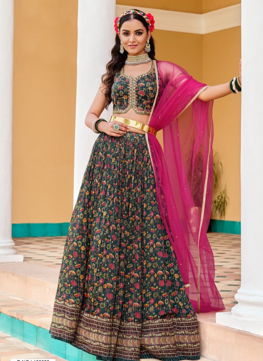 Green Chinon Lehenga Choli with Embroidery and Sequins Work