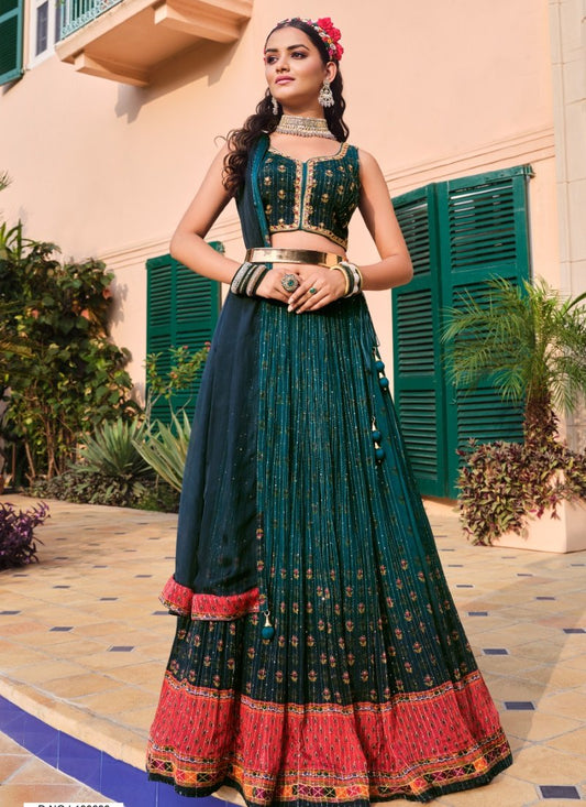 Green Chinon Lehenga Choli with Embroidery and Sequins Work