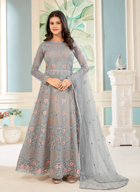 Gray Net Embroidered Anarkali Suit