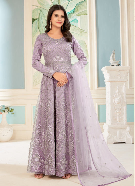 Light Purple Net Embroidered Anarkali Suit