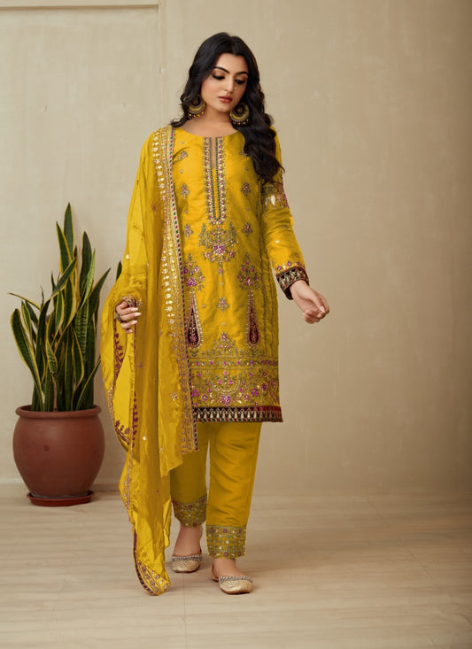 Yellow Orangza Pant Style Salwar Suit With Heavy Embroidery