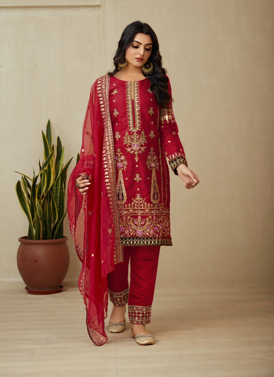 Red Orangza Pant Style Salwar Suit With Heavy Embroidery