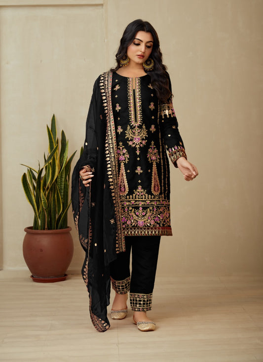 Black Orangza Pant Style Salwar Suit With Heavy Embroidery
