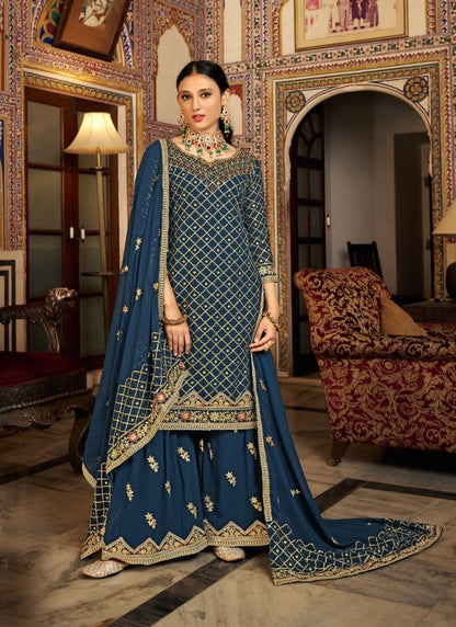 Blue Chinon Wide Palazzo Suit