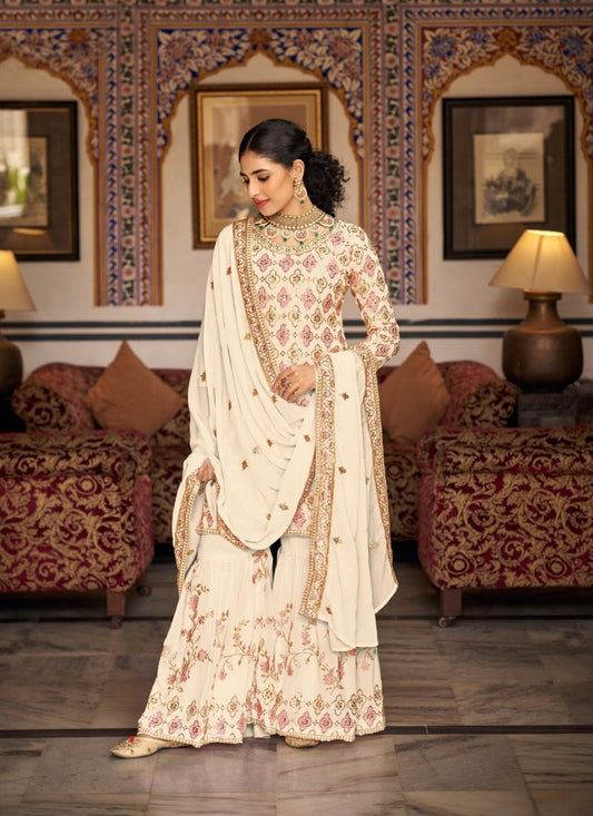 Off White Georgette Embroidered Sharara Suit