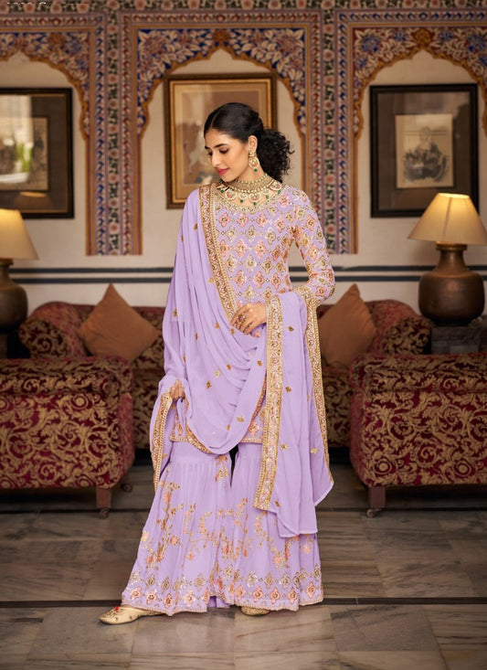 Lavender Georgette Embroidered Sharara Suit
