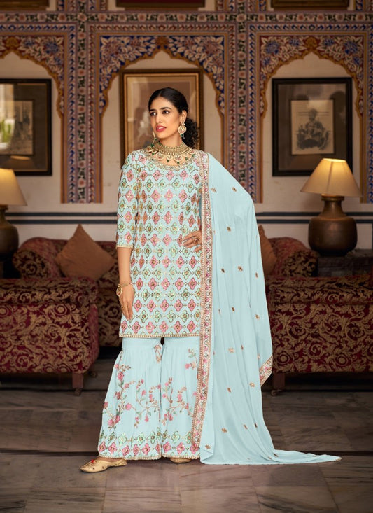 Sky Blue Georgette Embroidered Sharara Suit