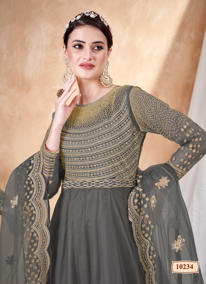 Gray Embroidered Anarkali Suit