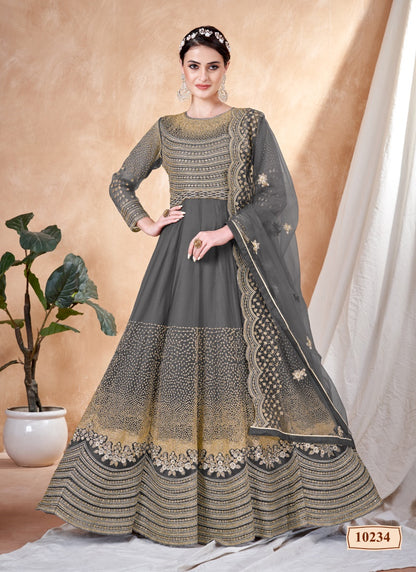Gray Embroidered Anarkali Suit