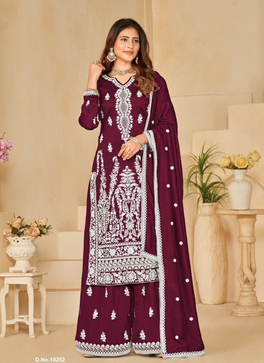 Purple Art Silk Wide Palazzo Suit With Embroidery Work