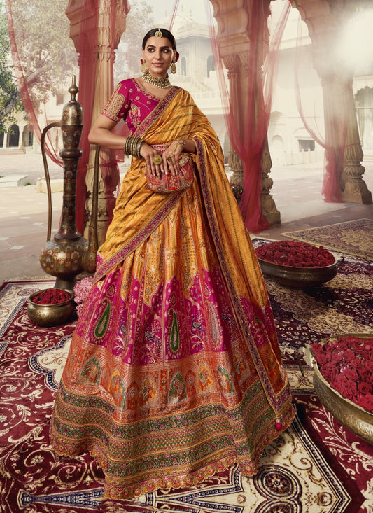 Pink and Yellow Banarasi Silk Bridal Lehenga Choli With Heavy Embroidery Work
