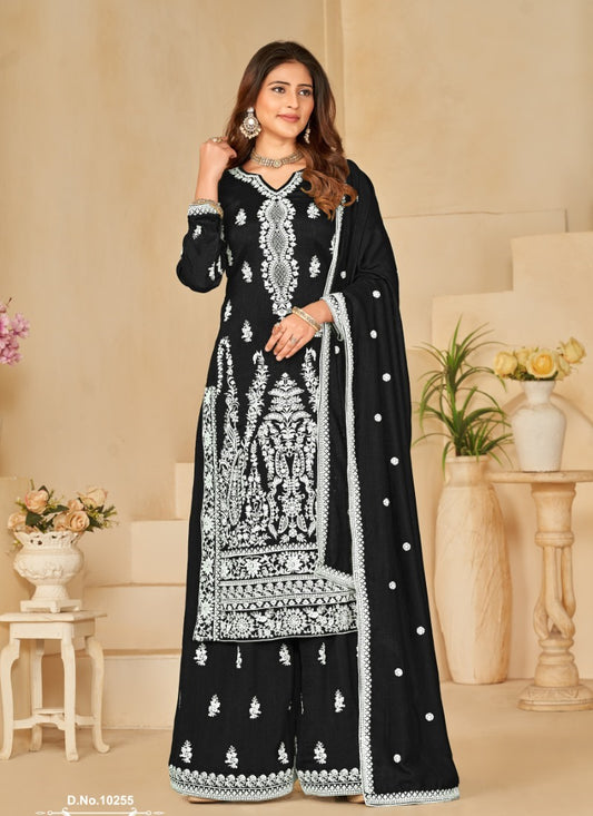Black Art Silk Wide Palazzo Suit With Embroidery Work