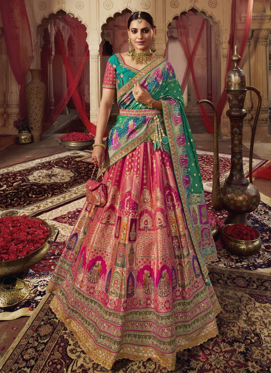 Pink and Green Banarasi Silk Bridal Lehenga Choli With Heavy Embroidery Work