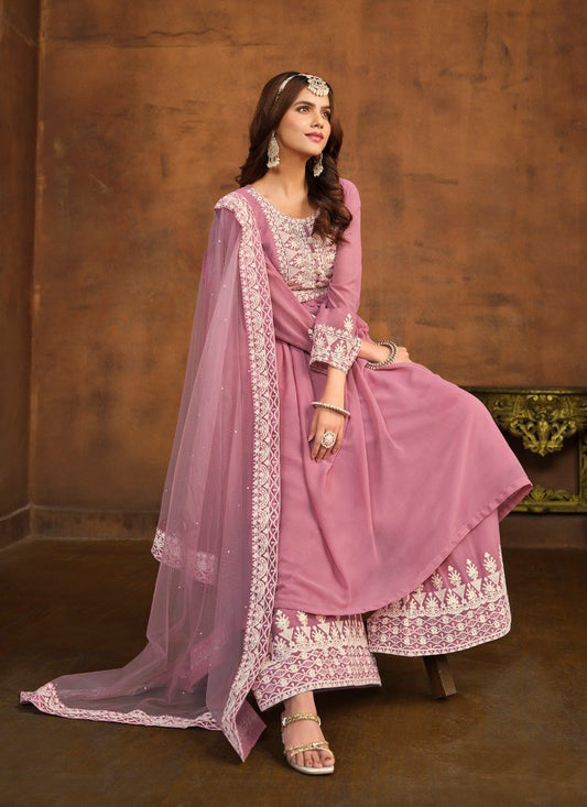 Pink Georgette Wide Palazzo Salwar Suit With Embroiderey Work