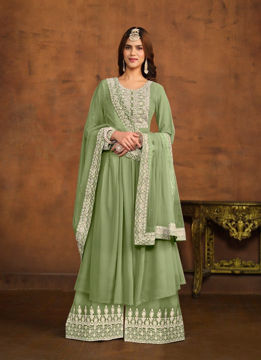 Pista Green Georgette Wide Palazzo Salwar Suit With Embroiderey Work
