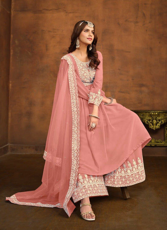 Peach Georgette Wide Palazzo Salwar Suit With Embroiderey Work