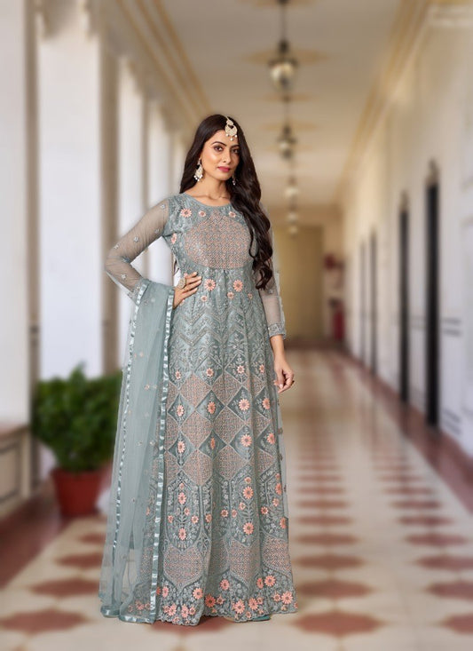 Sky Blue Net Anarkali Suit with Embroidered Work