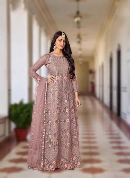 Light Purple Net Anarkali Suit with Embroidered Work