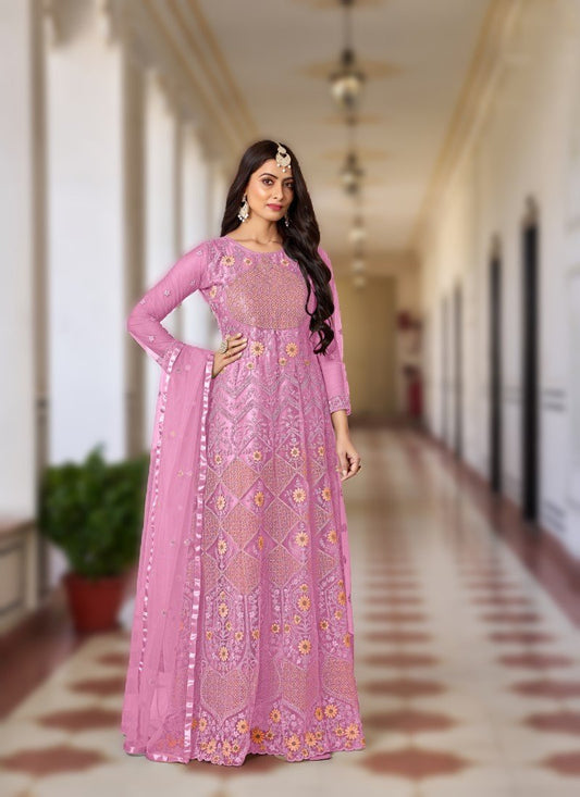 Pink Net Anarkali Suit with Embroidered Work