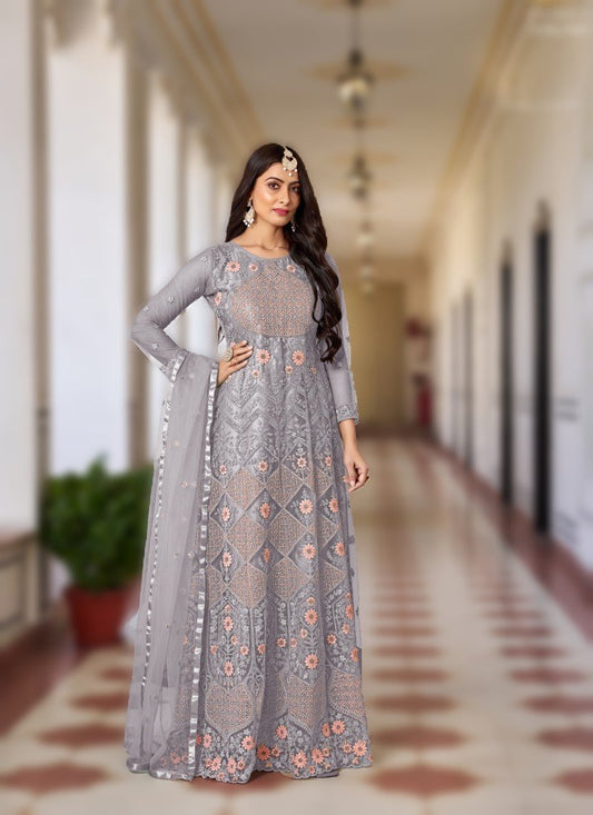Gray Net Anarkali Suit with Embroidered Work