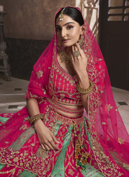Pink Banarasi Silk Bridal Lehenga Choli With Heavy Embroidery Work