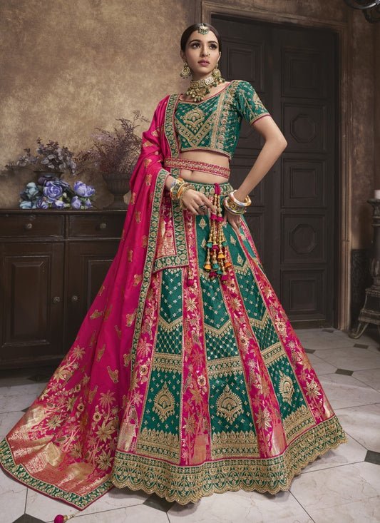 Green Banarasi Silk Bridal Lehenga Choli With Heavy Embroidery Work