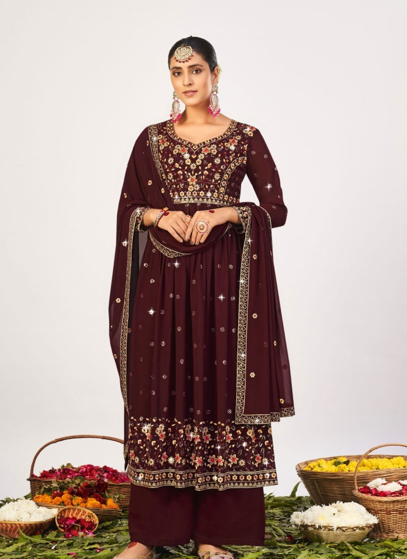 Wine Georgette Embroidered Palazzo Salwar Suit