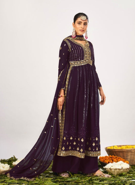 Purple Georgette Embroidered Palazzo Salwar Suit