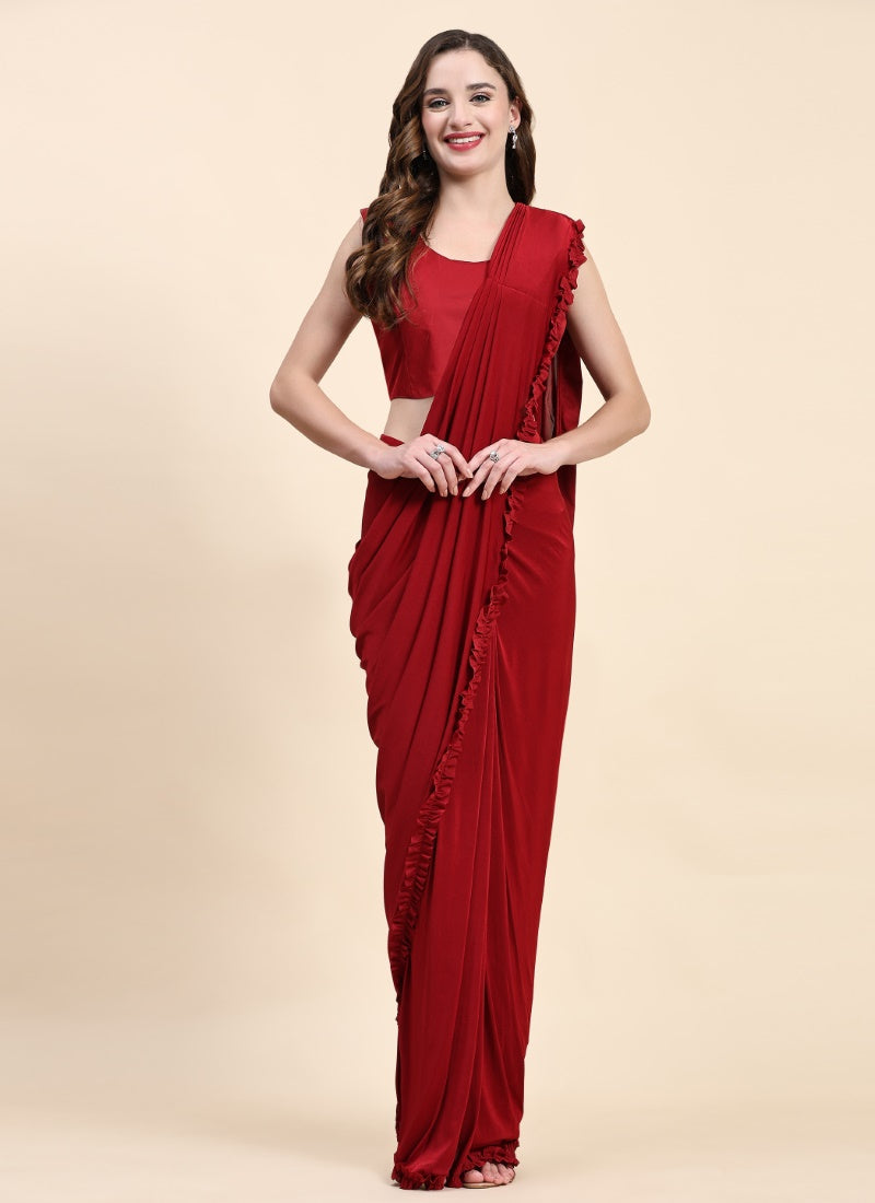 Red Net Party Wea Readymade Saree With Jacket