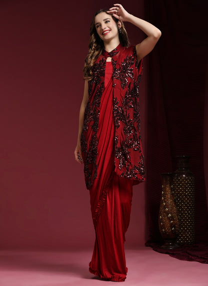 Red Net Party Wea Readymade Saree With Jacket