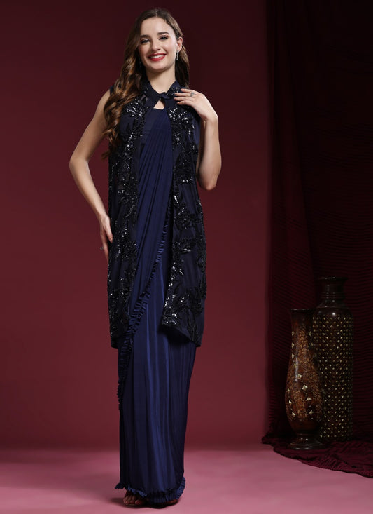 Navy Blue Net Party Wea Readymade Saree With Jacket