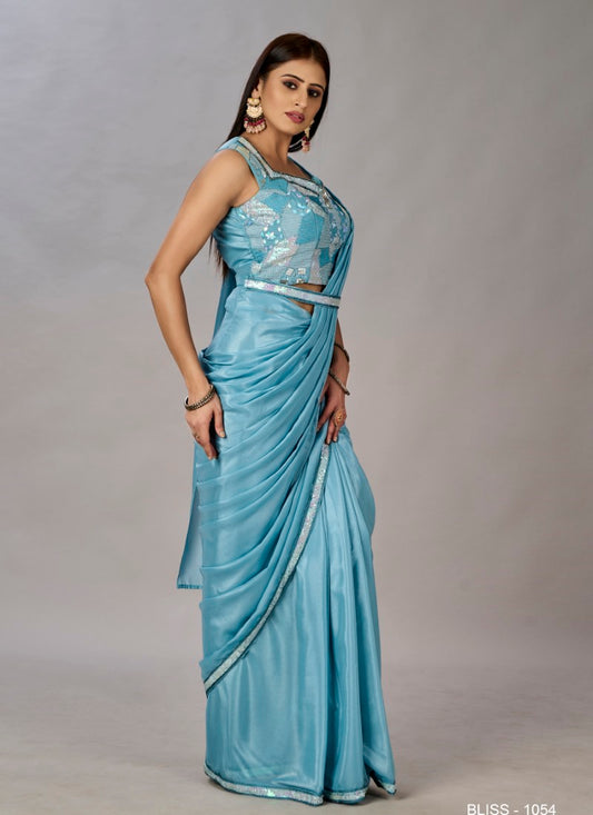 Blue Ready to Wear Designer Saree With Embroidered  and Sequins Work