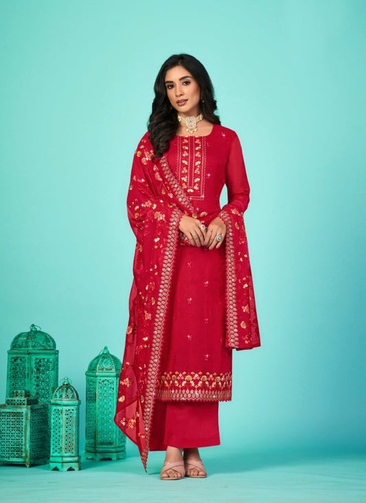 Red Organza Palazzo Suit with Embroidery Work