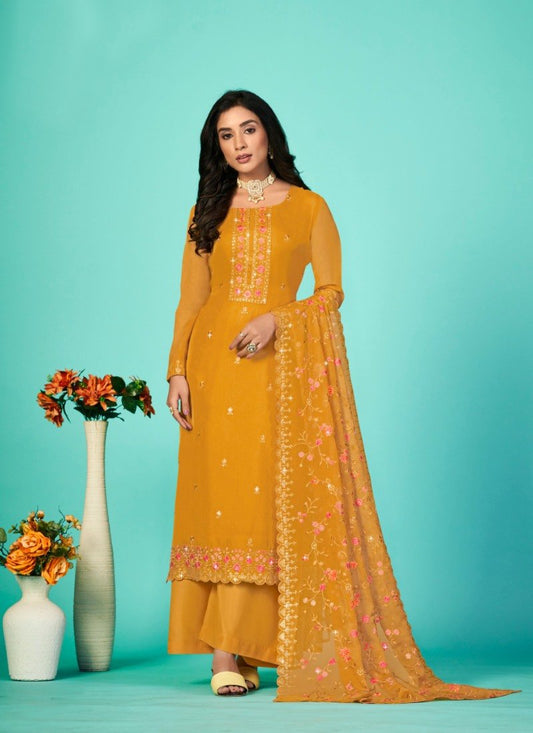 Yellow Organza Palazzo Suit with Embroidery Work