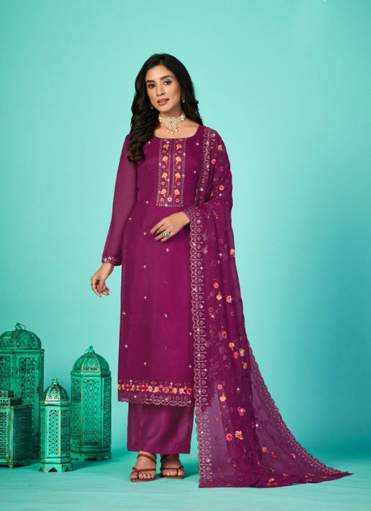 Purple Organza Palazzo Suit with Embroidery Work