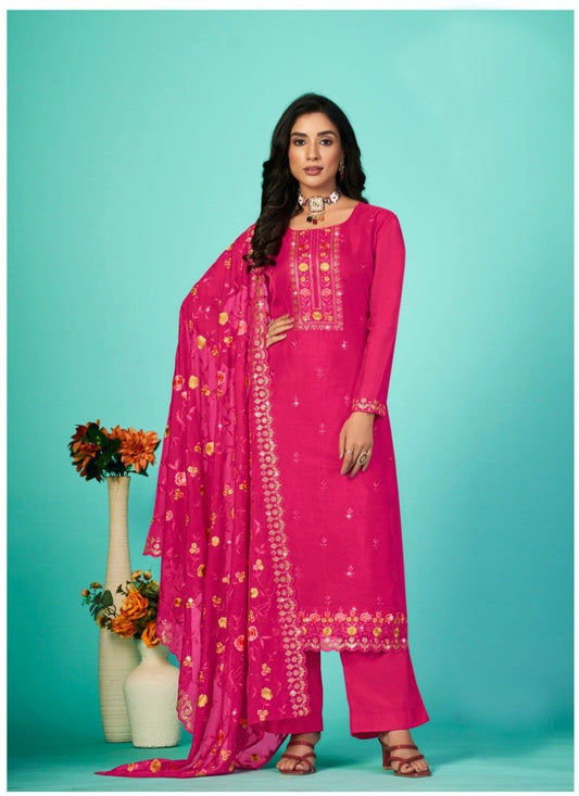 Magenta Organza Palazzo Suit with Embroidery Work