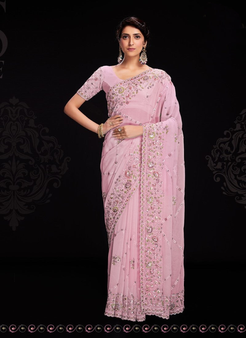 Pink  Party Wear Lucknowi Saree with Sequine Work