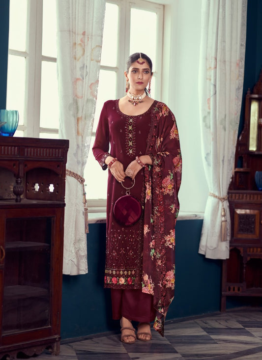 Maroon Georgette Salwar Suit with Embroidery Work
