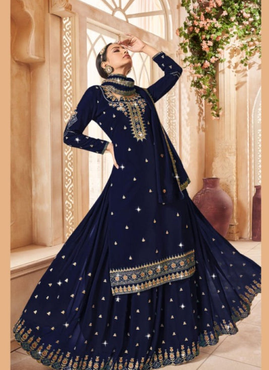 Navy Blue Georgette Indo-Western Lehenga Choli with Embroidery Work